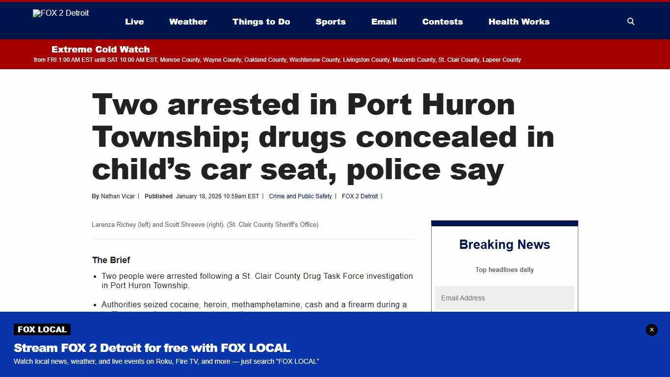 Two arrested in Port Huron Township; drugs concealed in child’s car seat, police say | FOX 2 Detroit